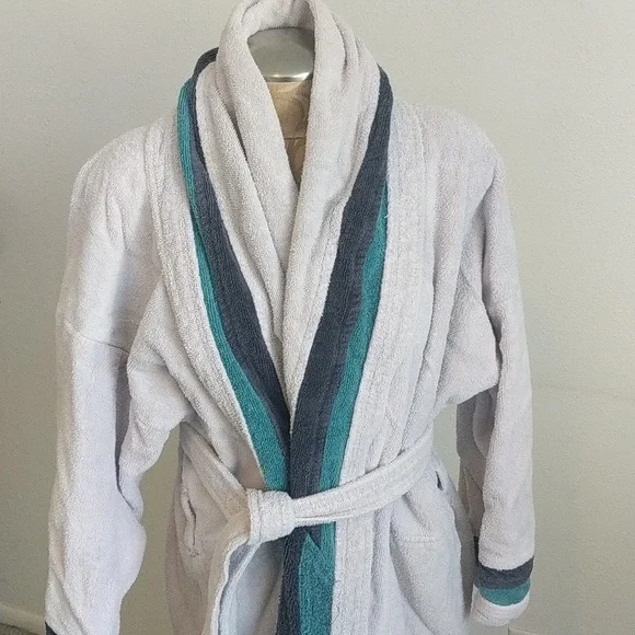 100% cotton,very heavy gray terry robe with teal and navy accent stripes. - Picture 2 of 5